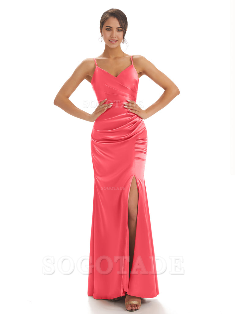 Spaghetti Straps Pleats Satin formal dresses evening gown Bridesmaid Dresses With Side Slit 