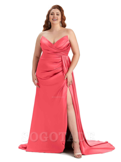 Sexy V-neck Side Slit Sleeveless Mermaid Soft Satin Long Plus Size Bridesmaid Gowns