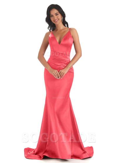 Mermaid Spaghetti V-Neck Straps Satin Long formal dresses evening gown Bridesmaid Dresses With Side Slit 
