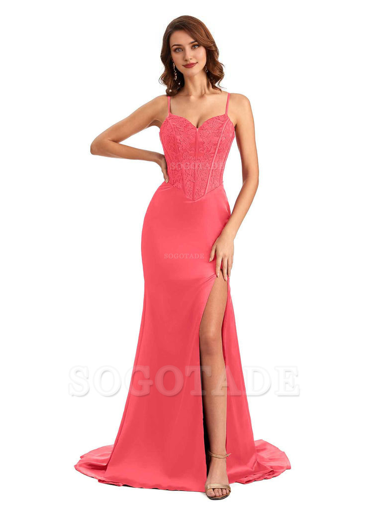 Sexy Side Slit Mermaid Silky Satin V-Neck Lace Unique Long Bridesmaid Dresses