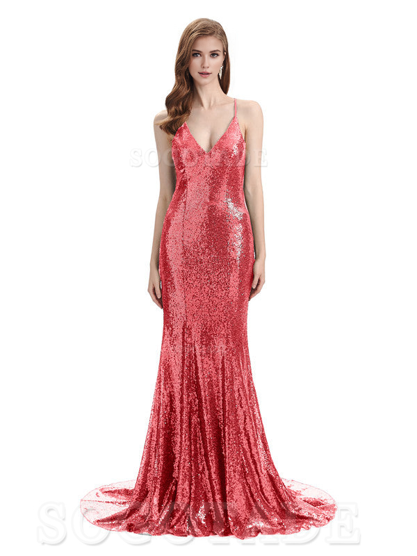 Deep V Neck Sexy Spaghetti Strap Backless Sequins Floor-Length Bridesmaid Dresses Bridesmaid Dresses Formal Women's Dresses Wedding Guest Dresses