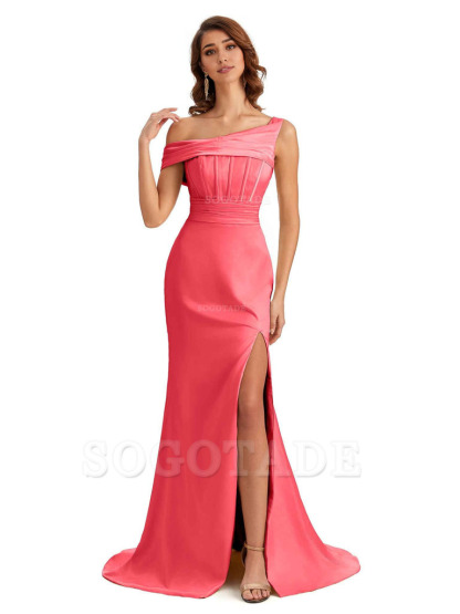 Elegant Asymmetrical Neck Soft Satin Side Slit Long Mermaid Bridesmaid Dresses