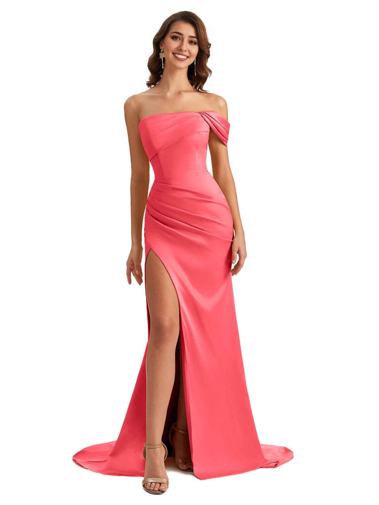 Unique One Shoulder Side Slit Satin Long Formal Dresses For Bridesmaid Dresses