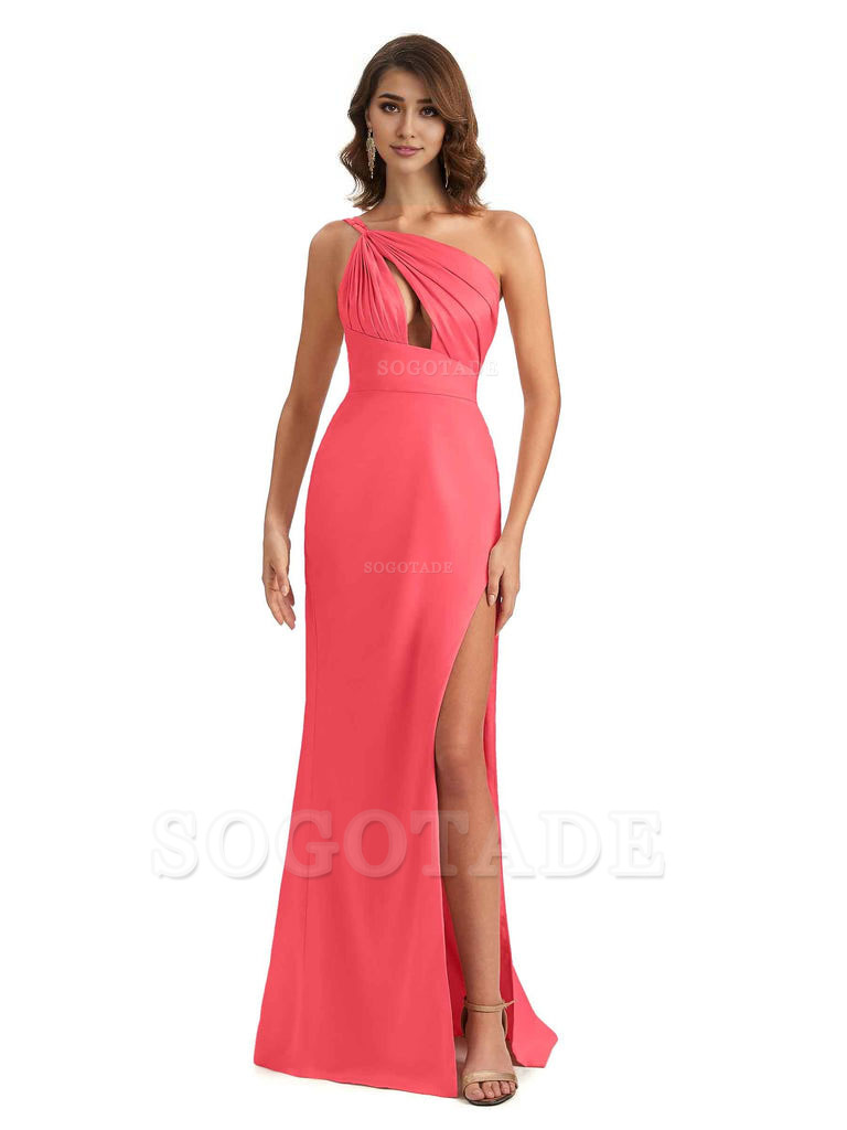 Sexy One Shoulder Silky Satin Unique Long Ladies Bridesmaid Dress For Wedding