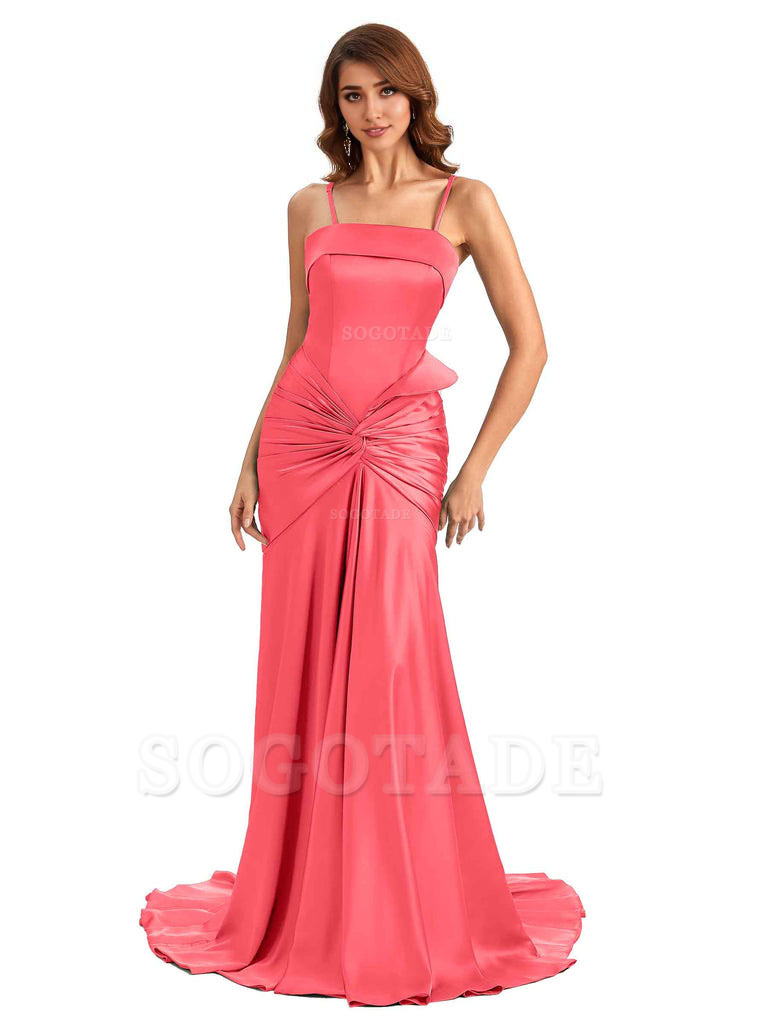 Sexy Mermaid Spaghetti Straps Silky Satin Unique Long Bridesmaid Dress For Wedding