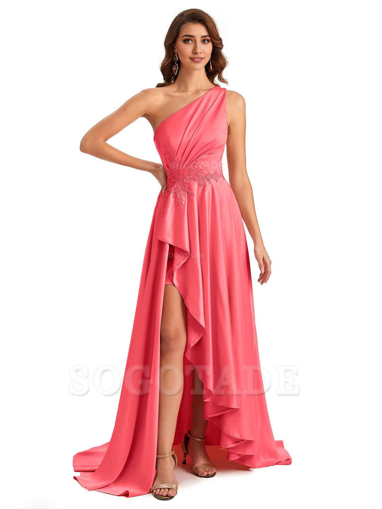 Sexy One Shoulder A-Line High Low Silky Satin Lace Long Formal Wedding Guest Dresses