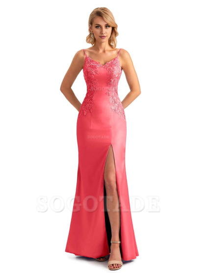 Sexy Side Split Mermaid Spaghetti Straps Soft Satin Unique Lace Long Bridesmaid Dresses