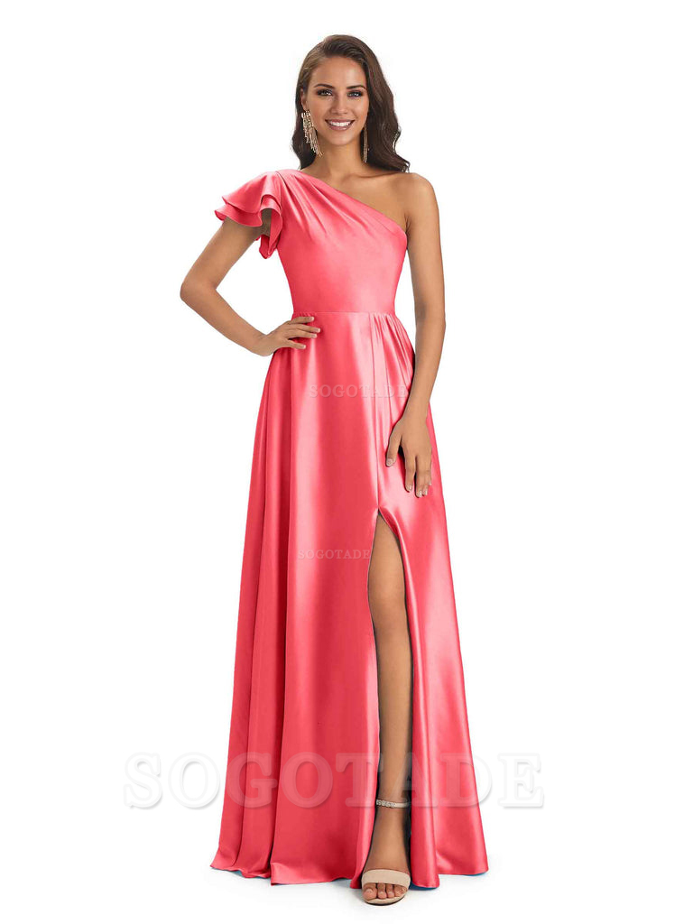A-Line One Shoulder Ladies Long Bridesmaid Dresses Soft Satin Side Slit Elegant Evening Party Dress
