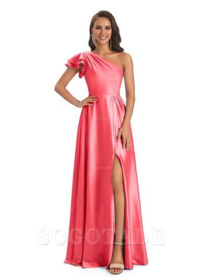 A-Line One Shoulder Ladies Long Bridesmaid Dresses Soft Satin Side Slit Elegant Evening Party Dress