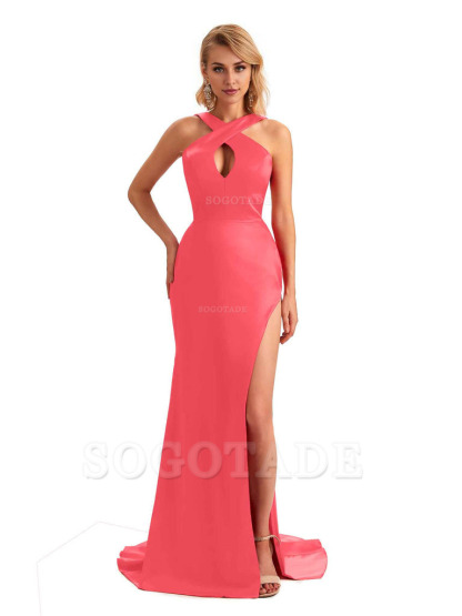 Sexy Side Slit Halter Mermaid Silky Satin Unique Long Formal Wedding Bridesmaid Dresses