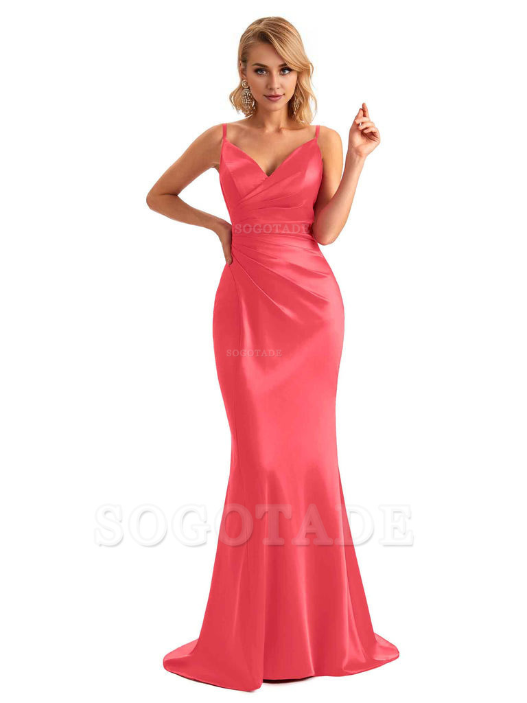  Sexy Backless Mermaid Spaghetti Straps Unique Long Formal Satin Dress For Women
