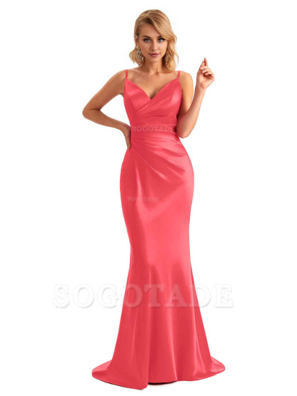  Sexy Backless Mermaid Spaghetti Straps Unique Long Formal Satin Dress For Women