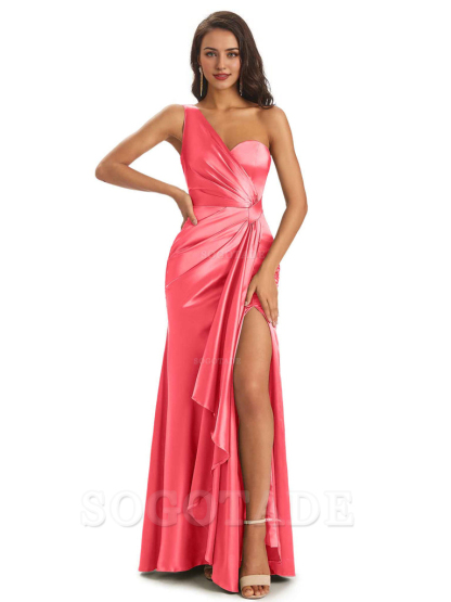 Elegant Soft Satin Side Slit One Shoulder Unique Mermaid Bridesmaid Dresses Online prom dresses shops