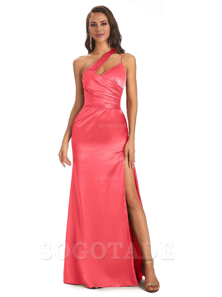 Elegant Soft Satin Side Slit One Shoulder Floor-Length Maxi Bridesmaid Dresses Evening Party Dress