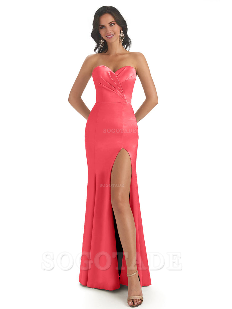 Simple Soft Satin Side Slit Sweetheart Long Mermaid Bridesmaid Dresses Elegant Evening Party Dress