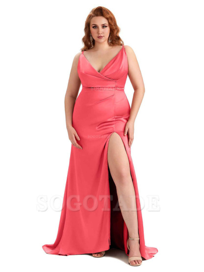 Sexy Side Slit Spaghetti Straps Mermaid Soft Satin Fashion Bridesmaid Dresses