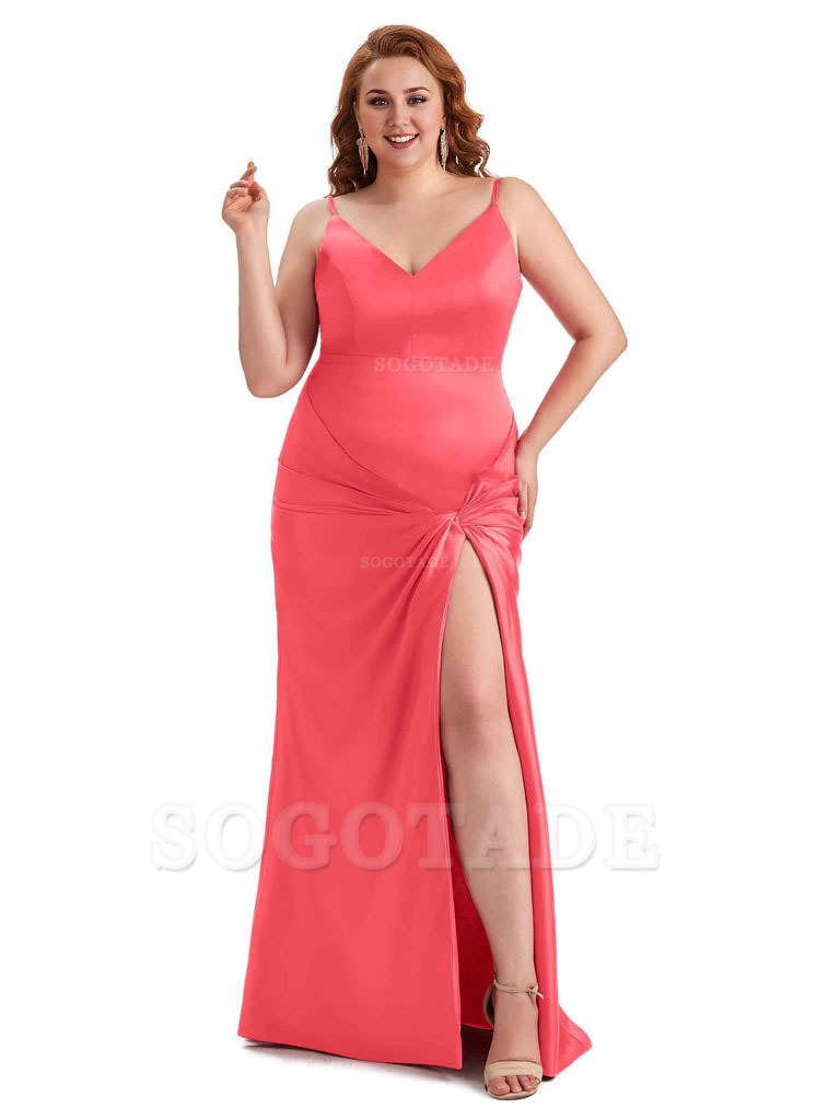 Sexy Spaghetti Straps V-neck Side Slit Mermaid Soft Satin Long Plus Size Bridesmaid Dress