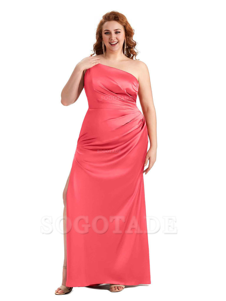 Sexy Side Slit One Shoulder Mermaid Soft Satin Long Plus Size Maid of Honour Dresses