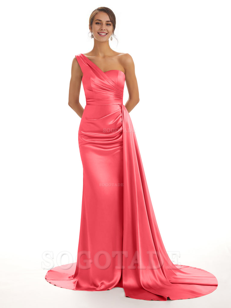 Elegant One Shoulder Soft Satin Unique Mermaid Long Bridesmaid Dresses Online prom dresses shops