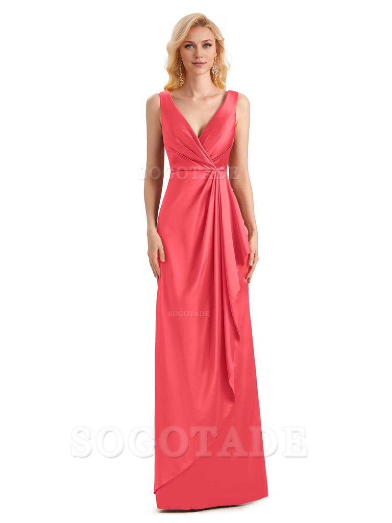 V Neck Elegant Soft Satin Formal Long Maid Bridesmaid Dresses Formal Wear Dresses