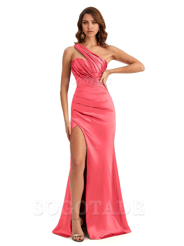 Sheath One shoulder Satin formal dresses evening gown Bridesmaid Dresses With Side Slit 