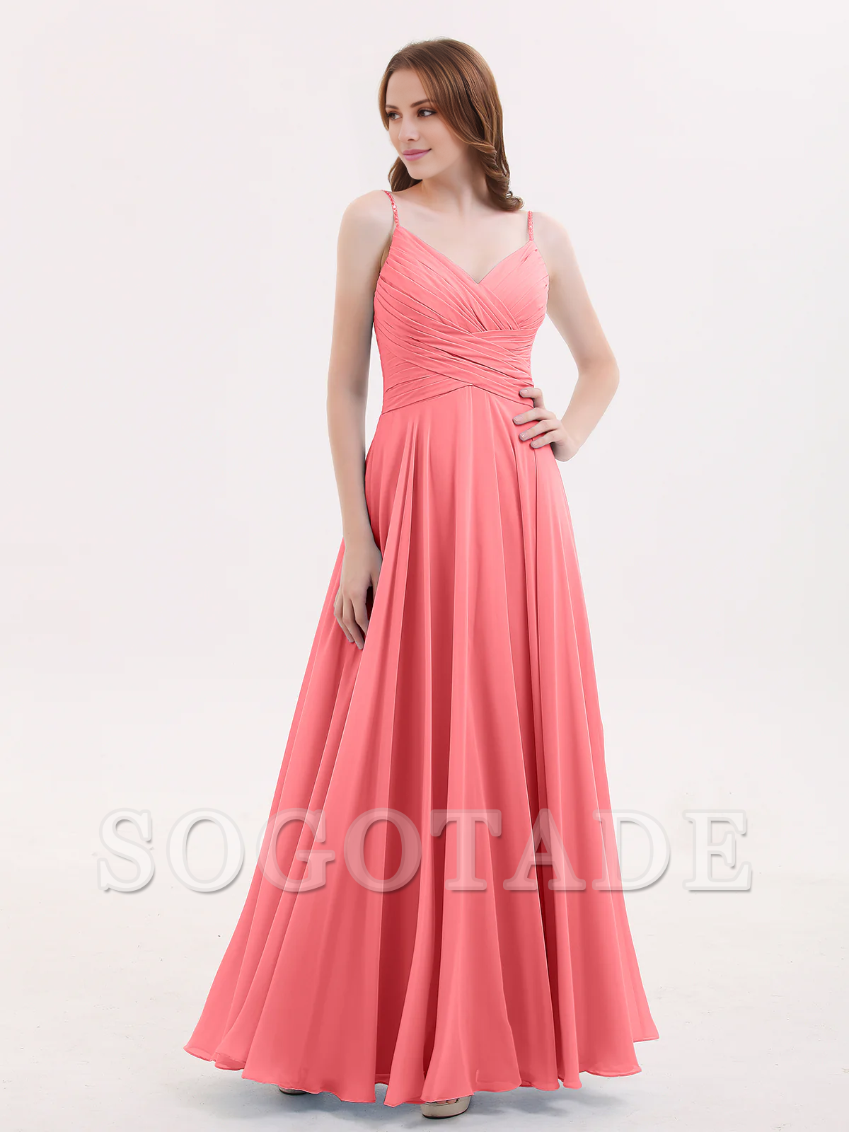 V-neck Fine Shoulder Strap Floor Length Chiffon Bridesmaid Dresses Online