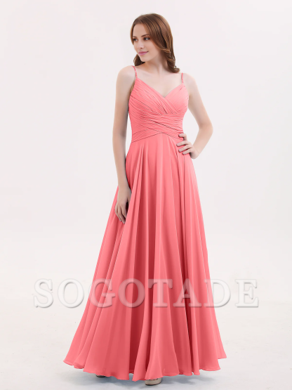 V-neck Fine Shoulder Strap Floor Length Chiffon Bridesmaid Dresses Online