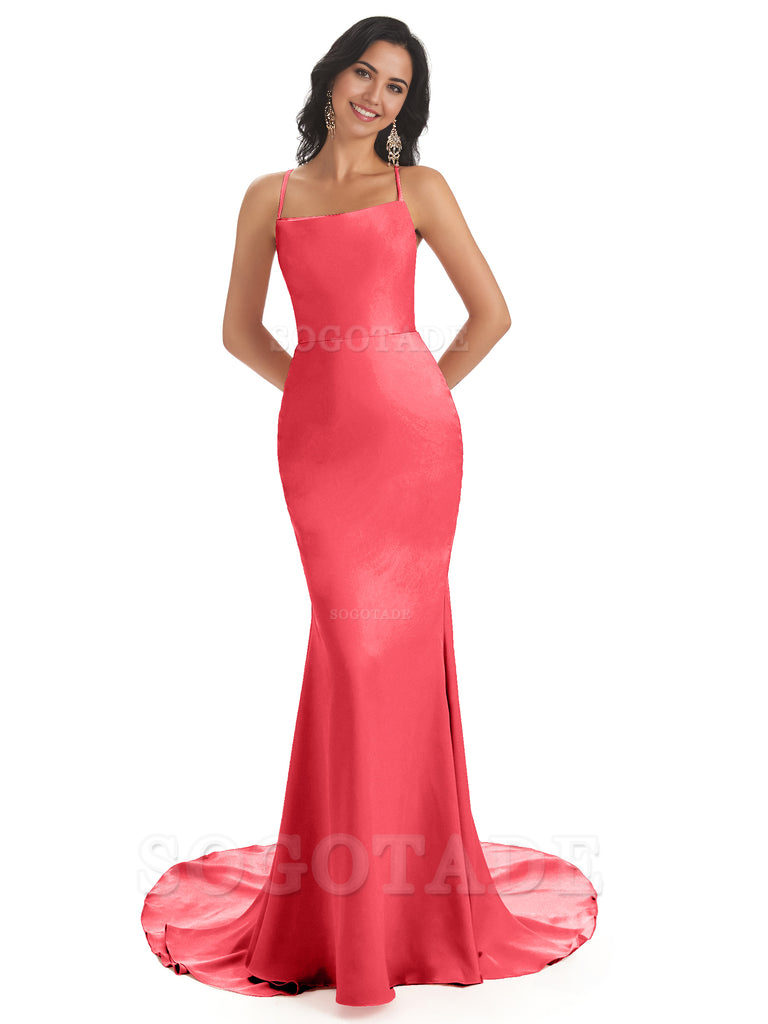 Mermaid Spaghetti Backless Straps Satin Long formal dresses evening gown Bridesmaid Dresses