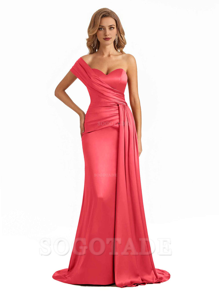 Elegant One Shoulder Soft Satin Long Mermaid Bridesmaid Dresses Online prom shop dresses ﻿