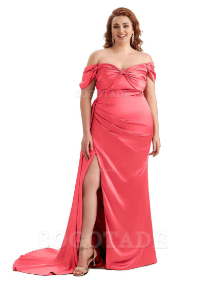  Sexy Side Slit Off The Shoulder Mermaid Soft Satin Long Plus Size Bridesmaid Dress For Wedding