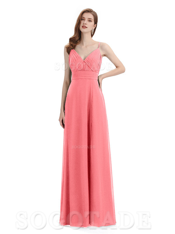 Chiffon V-Neck Spaghetti Strap Floor-Length Side Fork Long Bridesmaid Dresses Formal Women's Dresses Wedding Guests Dresses