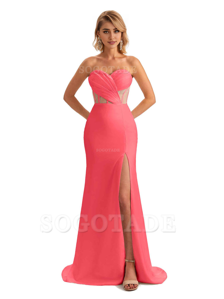 Sexy Sweetheart Strapless Side Slit Mermaid Soft Satin Unique Long Bridesmaid Dress For Wedding