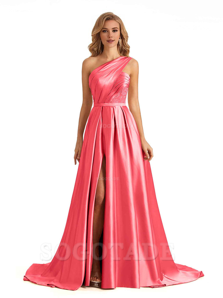 Sexy Side Slit One Shoulder A-Line Soft Satin Long Bridesmaid Dresses Online prom dress in store
