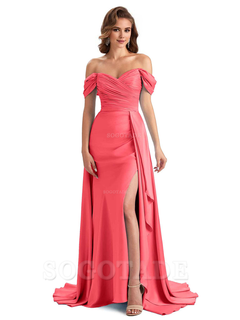 Sexy Side Slit Mermaid Soft Satin Off The Shoulder Long Unique Bridesmaid Dresses prom dress in store
