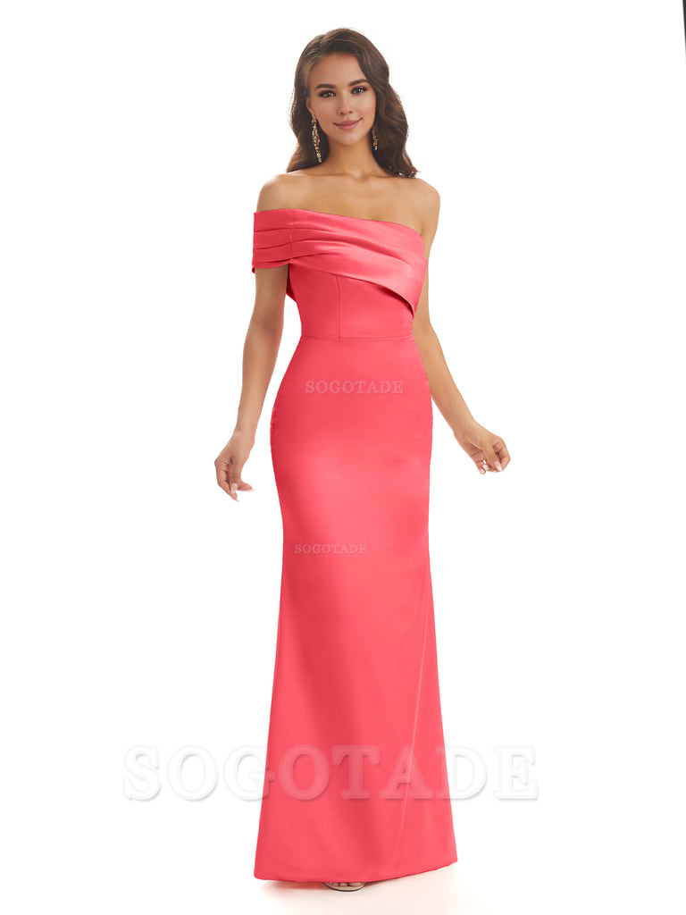 Soft Satin Sexy Side Slit One Shoulder Long Mermaid Bridesmaid Dresses Online prom dress in store
