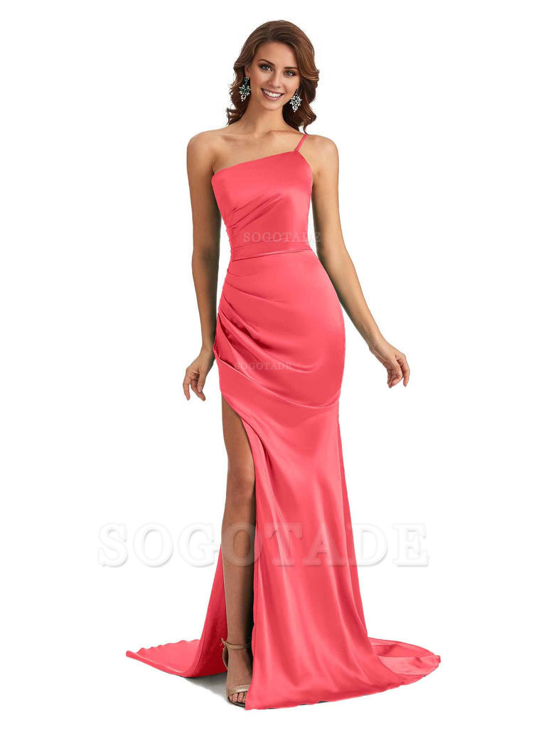 Sexy Silky Satin Side Slit One Shoulder Unique Long Wedding Guest Maxi Dresses