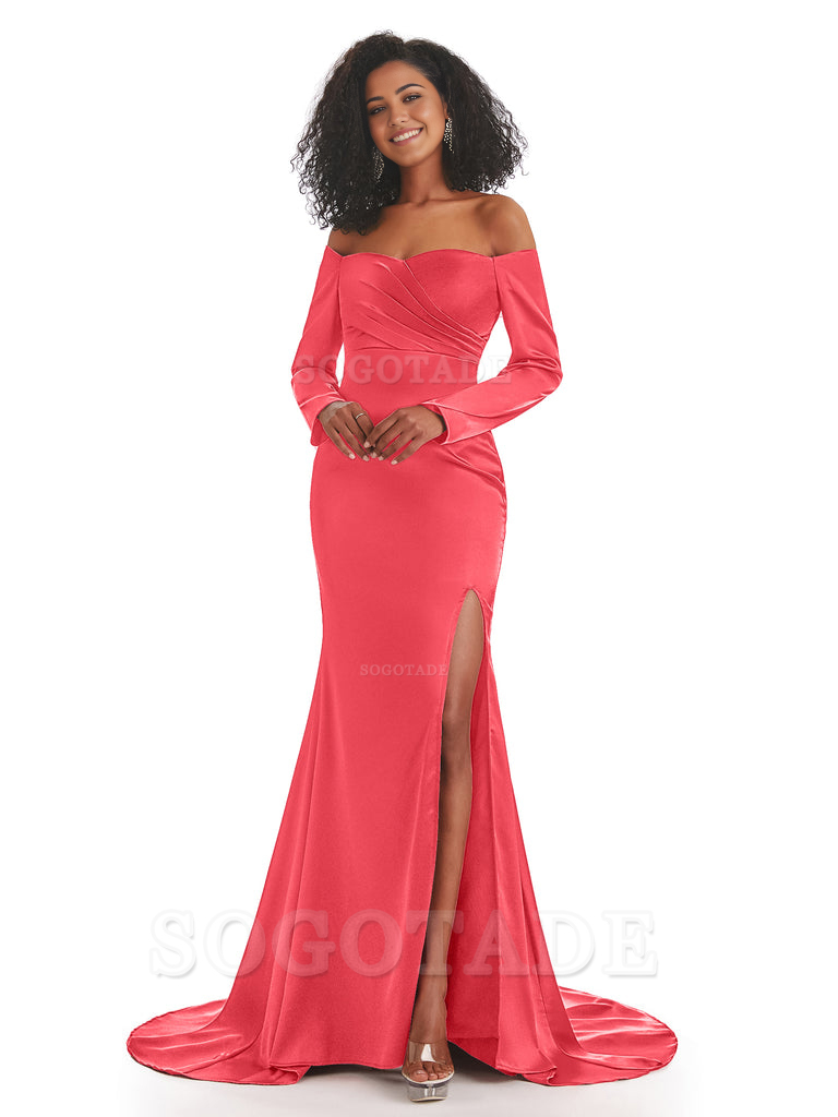 Mermaid Long Sleeve Satin formal dresses evening gown Bridesmaid Dresses With Side Slit 