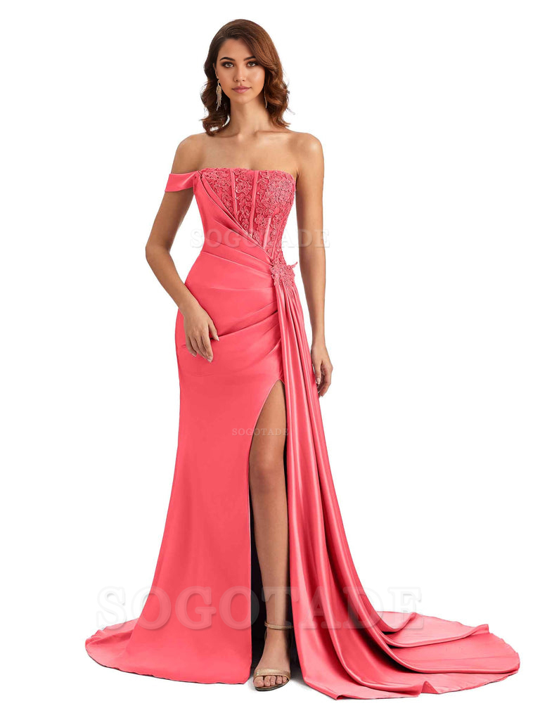 Mermaid Off Shoulder Applique formal dresses evening gown Bridesmaid Dresses With Side Slit 