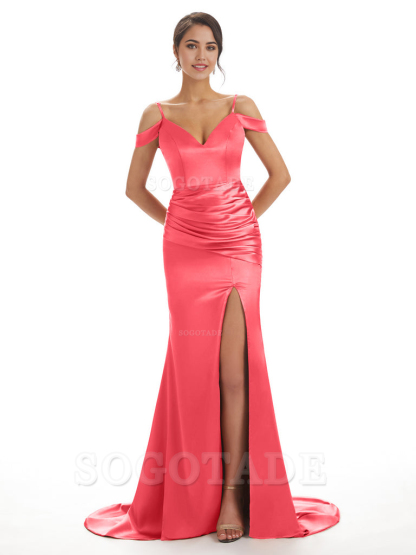 Mermaid Off The Shoulder Satin formal dresses evening gown Bridesmaid Dresses With Side Slit 