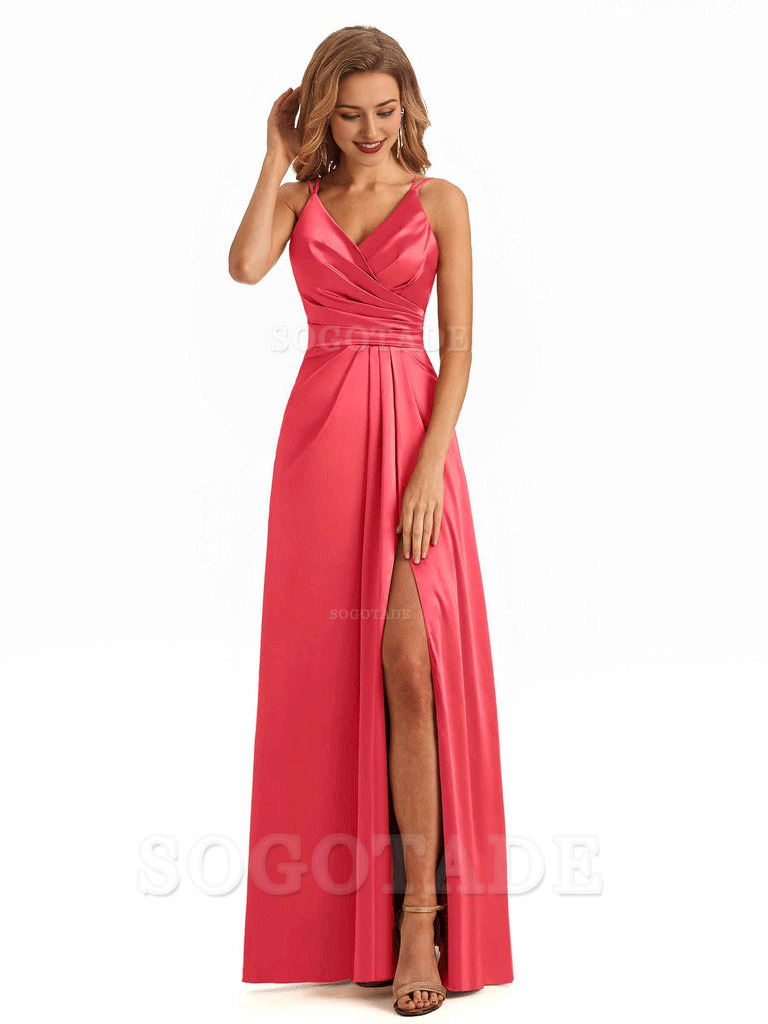 Soft Satin A-Line Spaghetti Straps V Neck Side Slit Maxi Long Bridesmaid Dresses