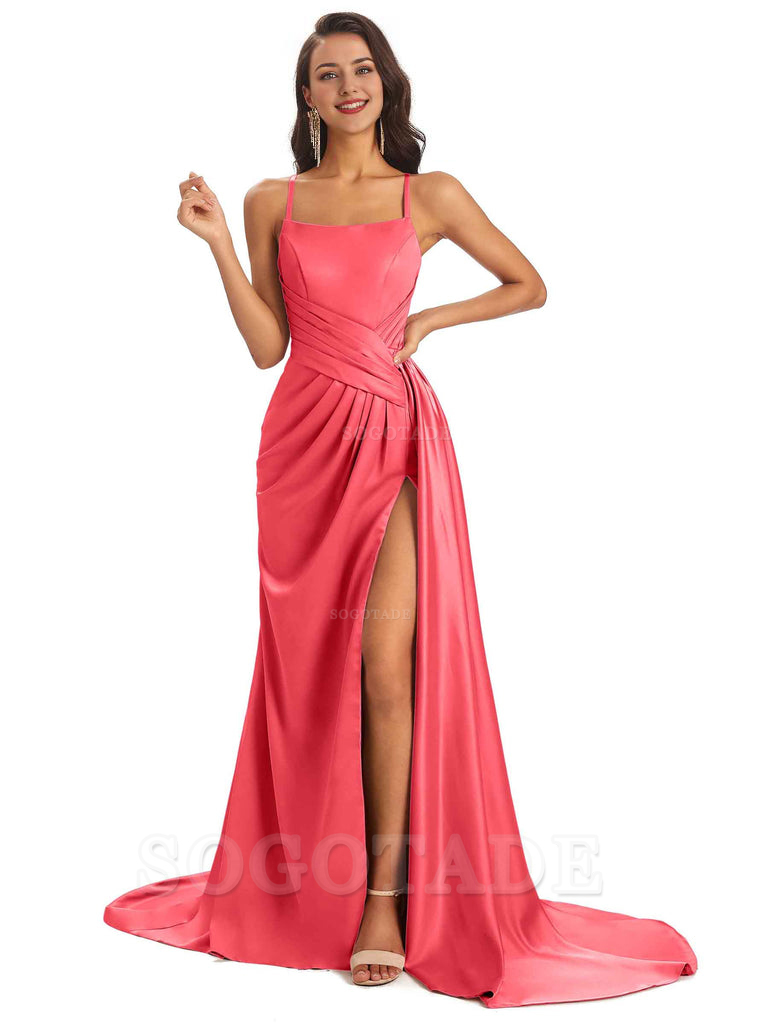 Sexy Soft Satin Side Slit Spaghetti Straps Long Maxi Bridesmaid Dresses prom shop dresses