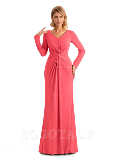 Elegant Simple Mermaid Pleats V-neck Long-Sleeves Floor Length Long Formal Bridesmaid Dresses