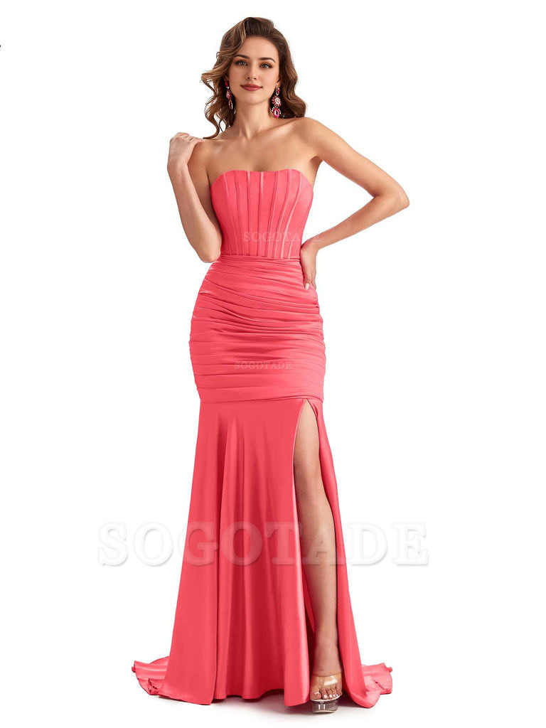 Sexy Strapless Side Slit Mermaid Silky Satin Formal Bridesmaid Dresses