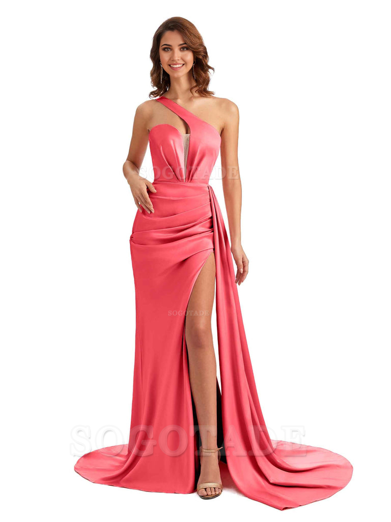 Mermaid One Shoulder Satin formal dresses evening gown Bridesmaid Dresses With Side Slit