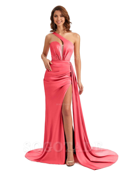 Mermaid One Shoulder Satin formal dresses evening gown Bridesmaid Dresses With Side Slit