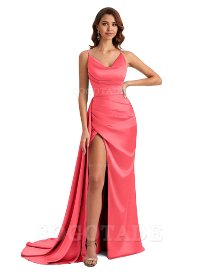 Mermaid Cowl Spaghetti Satin formal dresses evening gown Bridesmaid Dresses With Side Slit