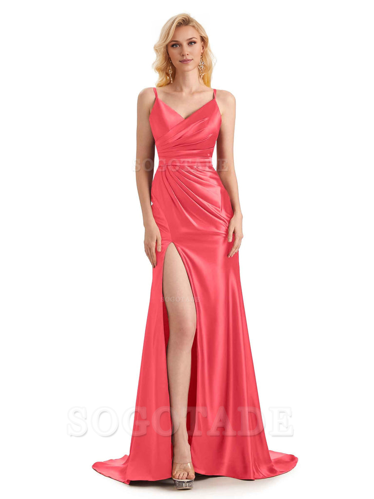 Sexy Charming Side Slit V-Neck Pleated Spaghetti Straps Backless Satin Bridesmaid Dresses Formal Women's Dresses Wedding Guests Dresses