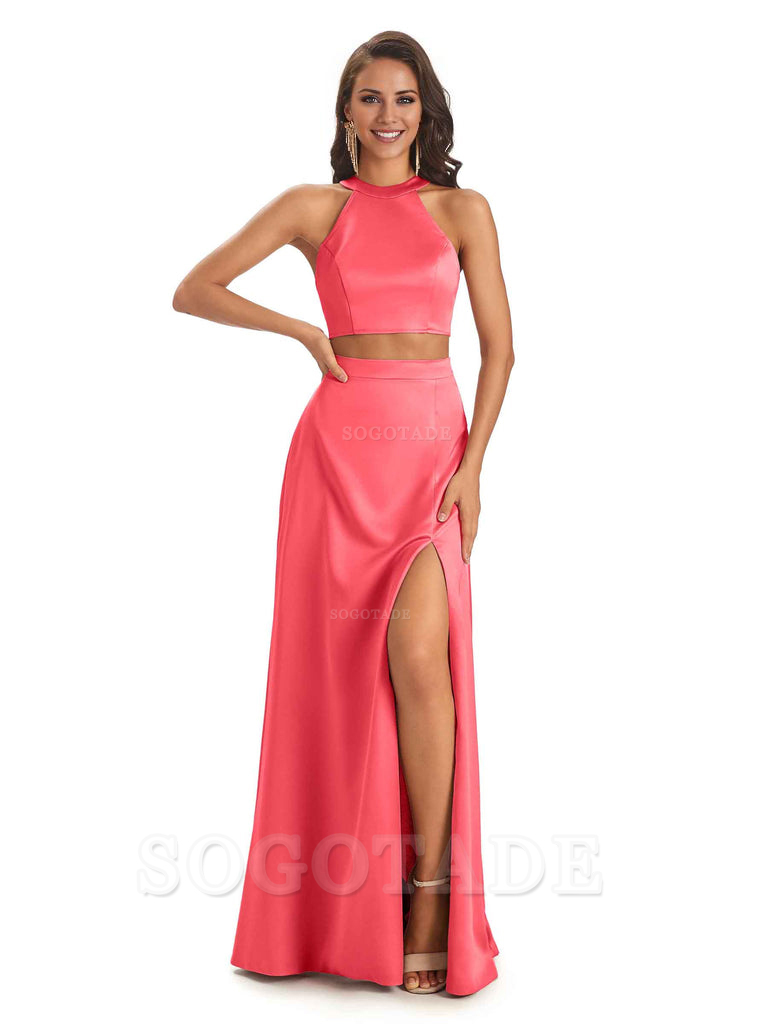 Soft Satin Two-Pieces Halter Side Slit Sexy Fashion Bridesmaid Dresses Charming Evening Party Dress
