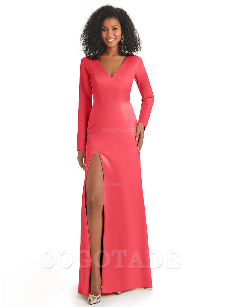 Soft Satin Side Slit Long Sleeves V-Neck Long African Mermaid Bridesmaid Dresses Elegant Evening Party Dress