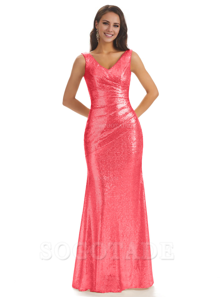 Sexy Sequin V-Neck Sparkly Long Mermaid Bridesmaid Dresses Charming Evening Party Dress